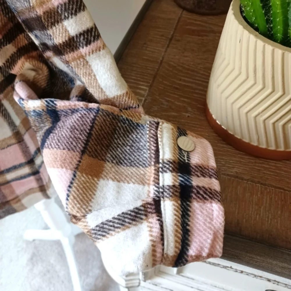 Plaid Button Down Shirt/Jacket (Flannel Pink and Brown Shacket) - Picture 4 of 4